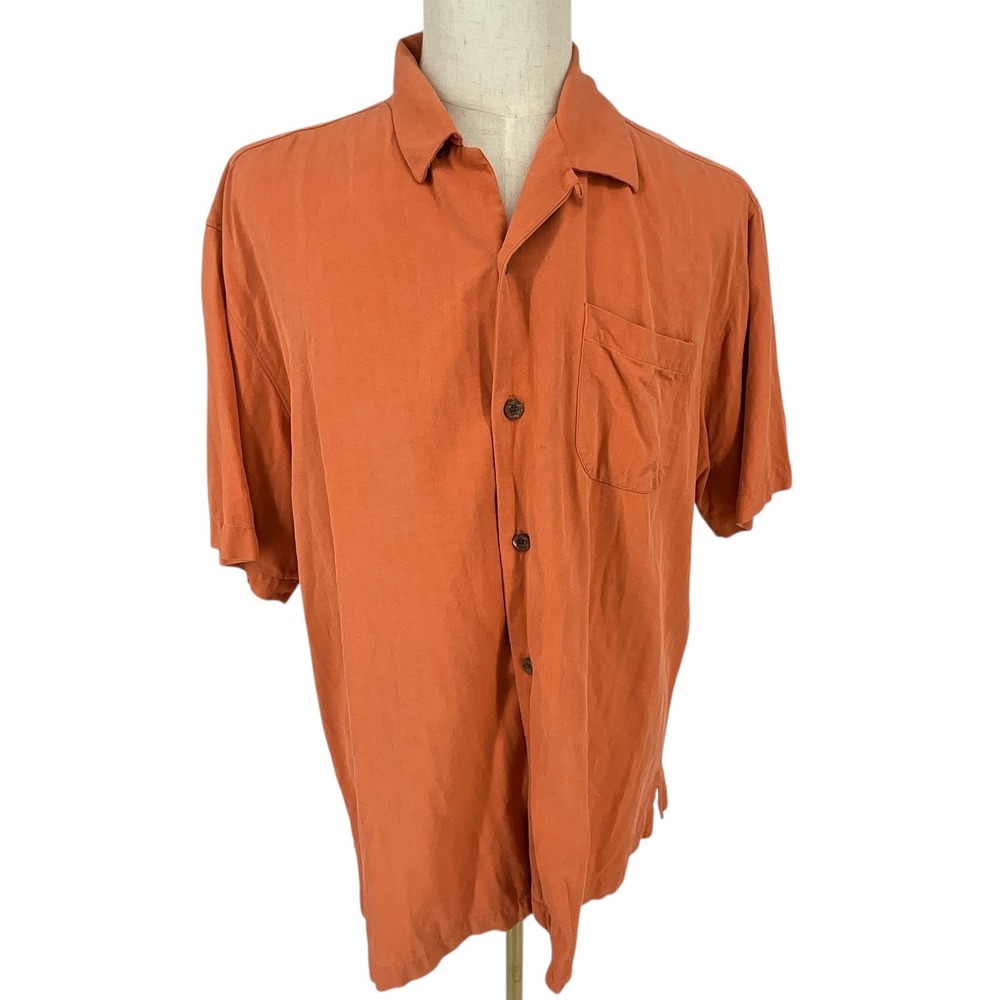 Tommy Bahama Mens Silk Short‎ Sleeve Button Up Shirt Orange XL Tropical Vacation